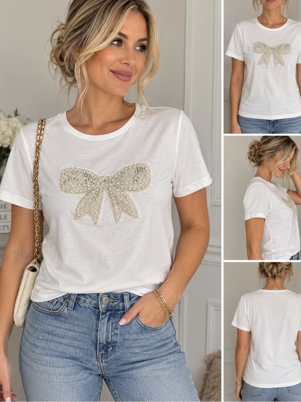 White Short-Sleeve Blouse with Embellished Sequin Bow